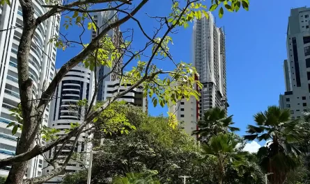 Prédios residenciais modernos e arborização no Bairro Aquarius em Salvador.
